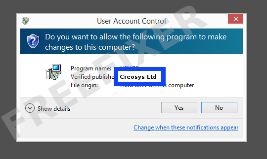 Screenshot where Creosys Ltd appears as the verified publisher in the UAC dialog